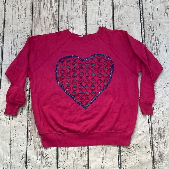 Vintage Heart Valentine Pink 1980s Crewneck Jumper Sweatshirt - Picture 1 of 5